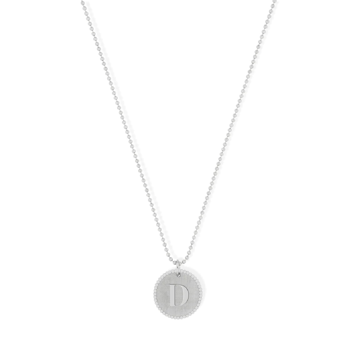 Colar Inês Rochinha Alpha D IR.CL3024P-D em prata com acabamento a ródio. Medalha redonda com letra D gravada.