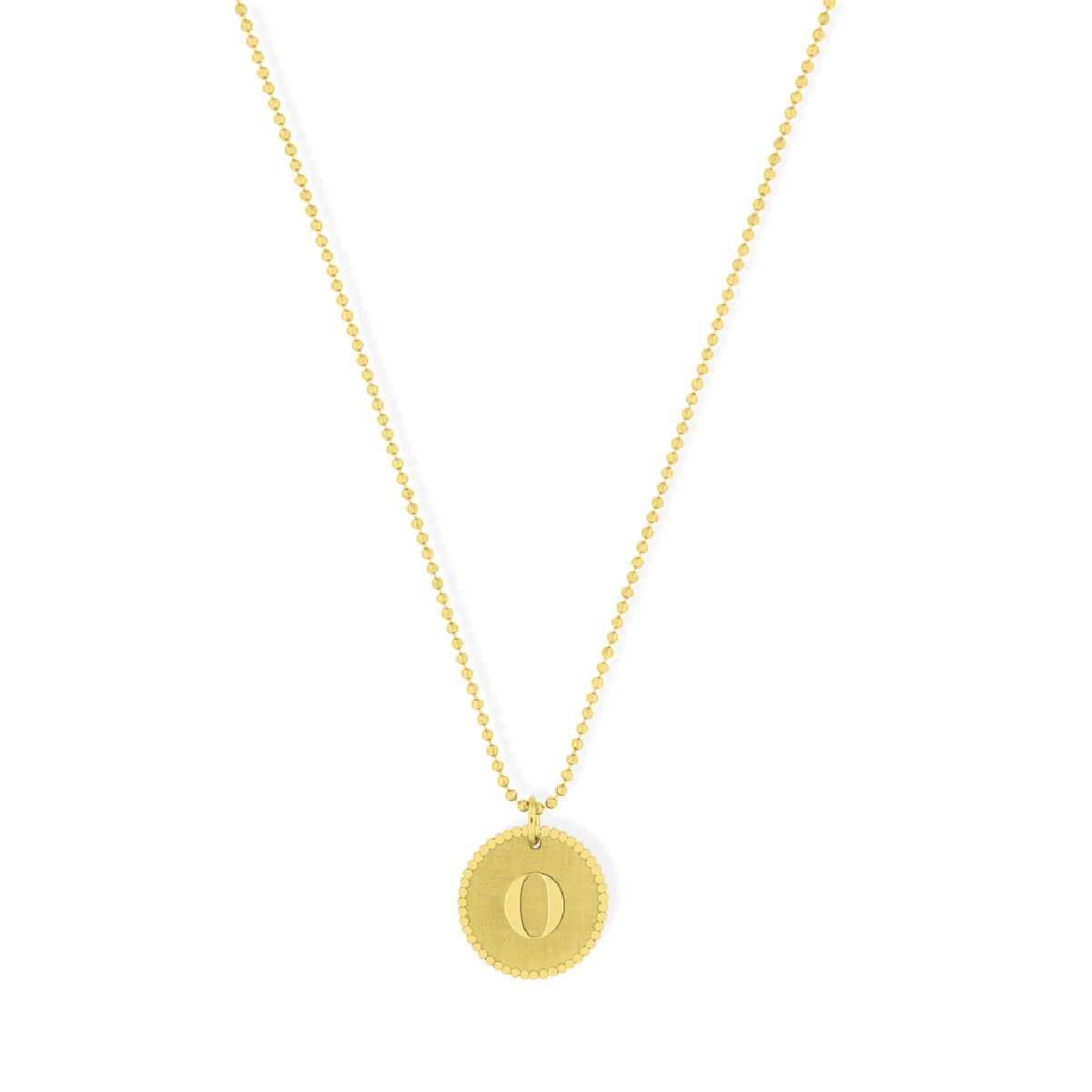 Colar Inês Rochinha Alpha O IR.CL3024D-O em prata dourada 925. Medalha redonda com letra O gravada.