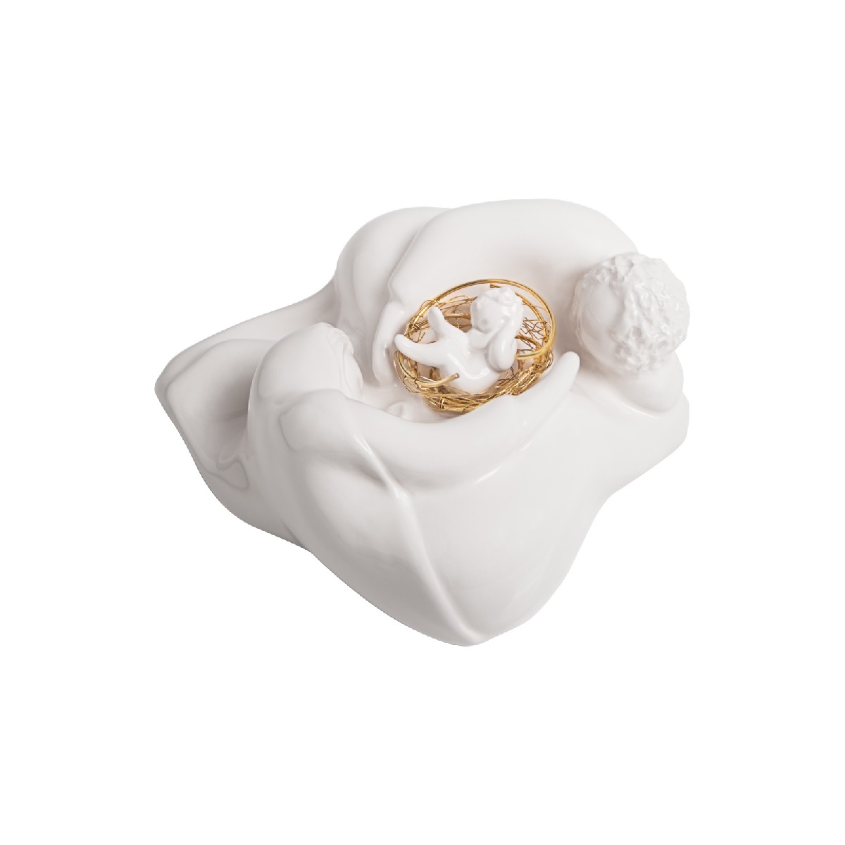 Presépio Topázio Madrugada. Design exclusivo Rosa Malva para a Topázio. Peça elaborada em fiança vidrada com berço tipo ninho em bilaminado dourado.
